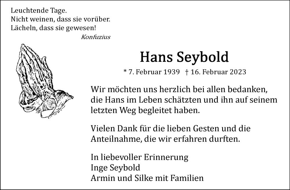  Traueranzeige für Hans Seybold vom 22.03.2023 aus Waiblinger Kreiszeitung