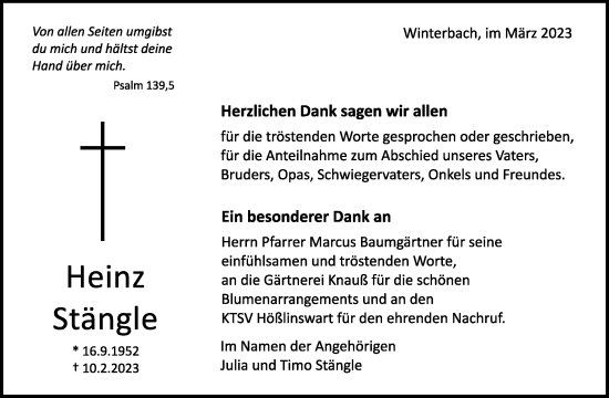 Traueranzeige von Heinz Stängle von Waiblinger Kreiszeitung