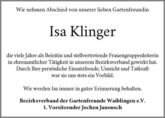 Traueranzeige von Isa Klinger von Waiblinger Kreiszeitung