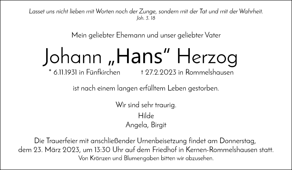  Traueranzeige für Johann Herzog vom 04.03.2023 aus Waiblinger Kreiszeitung