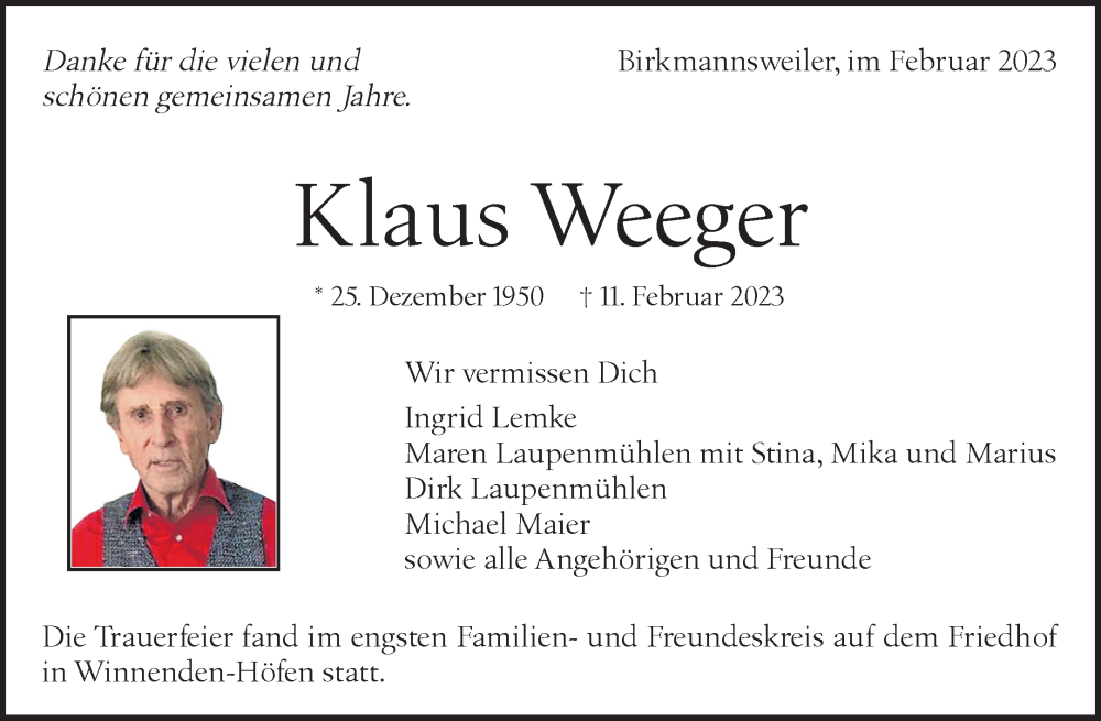  Traueranzeige für Klaus Weeger vom 04.03.2023 aus Waiblinger Kreiszeitung