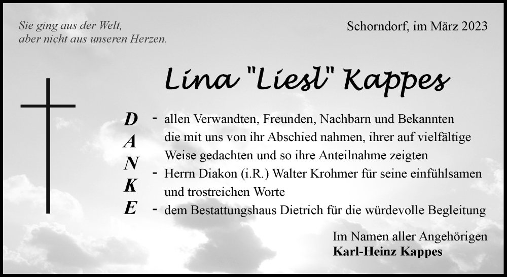  Traueranzeige für Lina Kappes vom 11.03.2023 aus Waiblinger Kreiszeitung