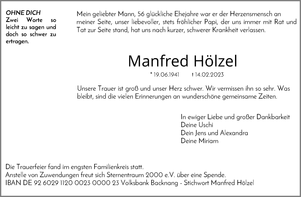  Traueranzeige für Manfred Hölzel vom 01.03.2023 aus Waiblinger Kreiszeitung