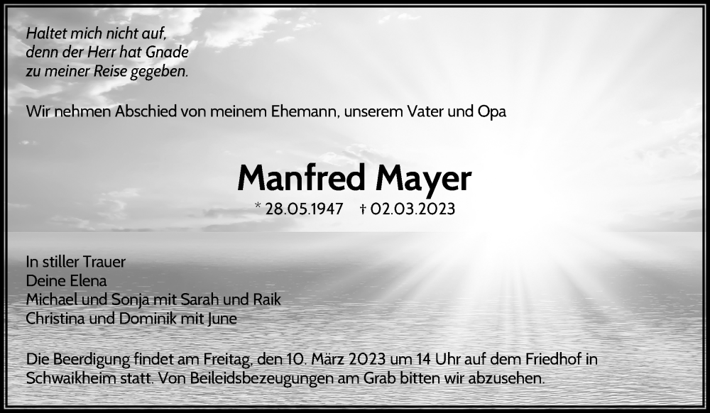  Traueranzeige für Manfred Mayer vom 07.03.2023 aus Waiblinger Kreiszeitung