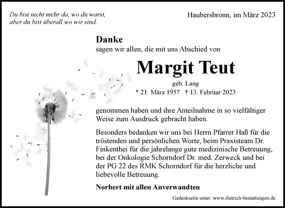  Traueranzeige für Margit Teut vom 11.03.2023 aus Waiblinger Kreiszeitung