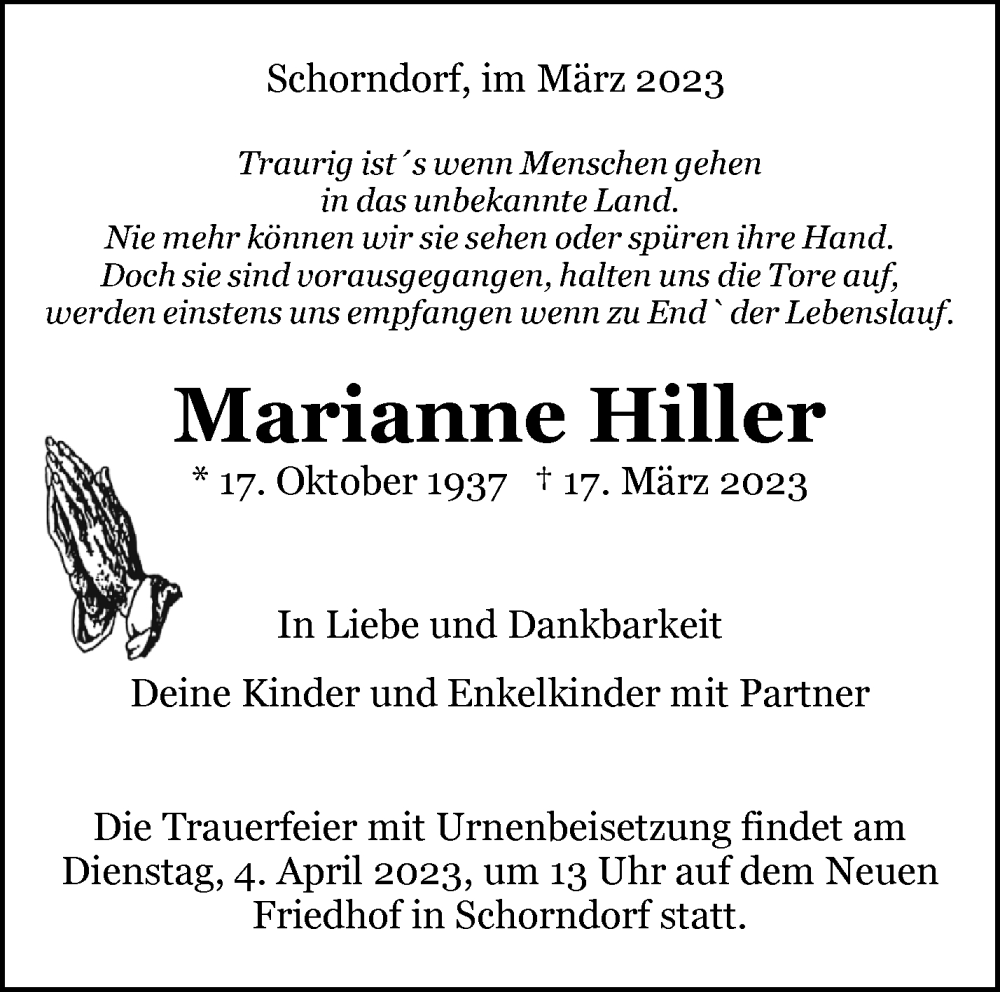  Traueranzeige für Marianne Hiller vom 25.03.2023 aus Waiblinger Kreiszeitung
