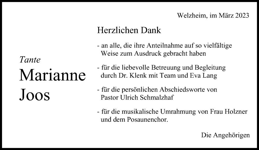  Traueranzeige für Marianne Joos vom 13.03.2023 aus Waiblinger Kreiszeitung