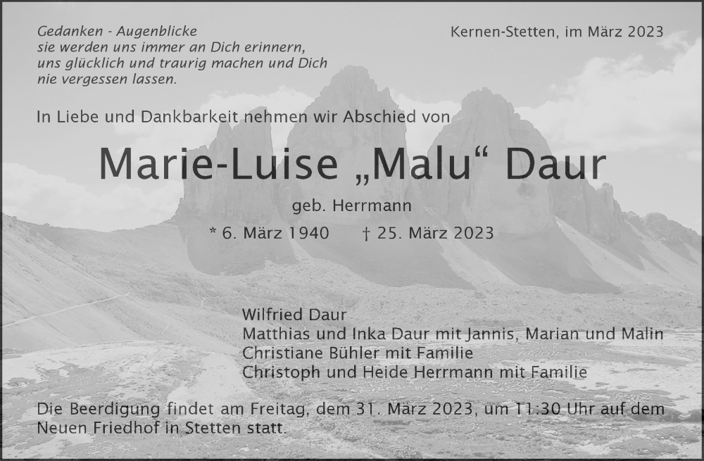  Traueranzeige für Marie-Luise Daur vom 28.03.2023 aus Waiblinger Kreiszeitung