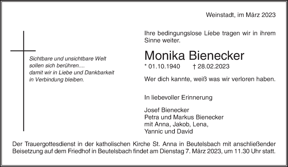  Traueranzeige für Monika Bienecker vom 03.03.2023 aus Waiblinger Kreiszeitung