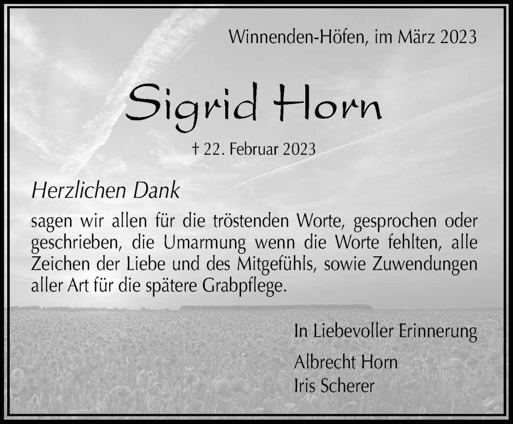  Traueranzeige für Sigrid Horn vom 25.03.2023 aus Waiblinger Kreiszeitung