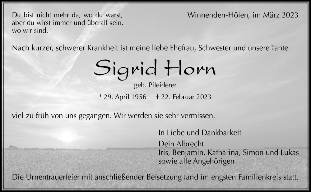  Traueranzeige für Sigrid Horn vom 09.03.2023 aus Waiblinger Kreiszeitung