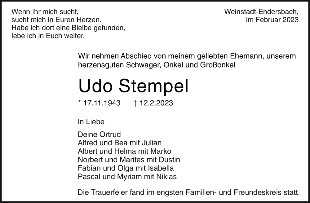  Traueranzeige für Udo Stempel vom 03.03.2023 aus Waiblinger Kreiszeitung