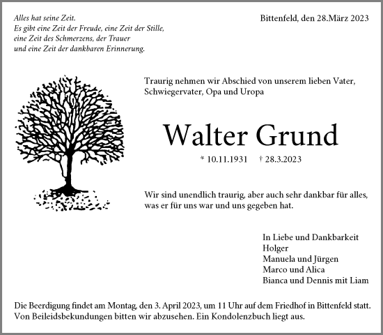 Traueranzeige von Walter Grund von Waiblinger Kreiszeitung