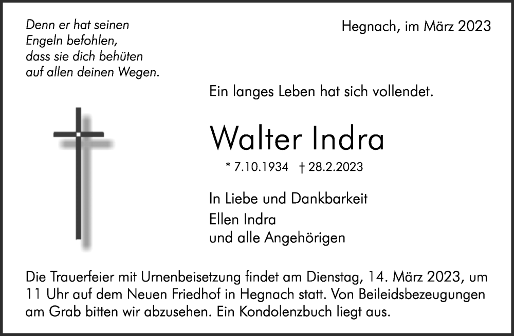  Traueranzeige für Walter Indra vom 06.03.2023 aus Waiblinger Kreiszeitung