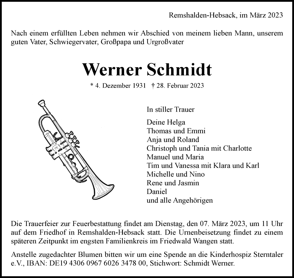  Traueranzeige für Werner Schmidt vom 04.03.2023 aus Waiblinger Kreiszeitung