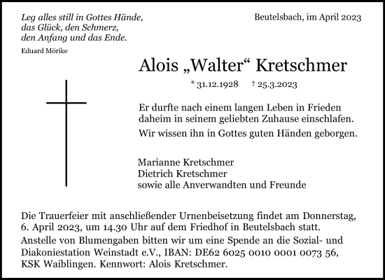 Traueranzeige von Alois Kretschmer von Waiblinger Kreiszeitung