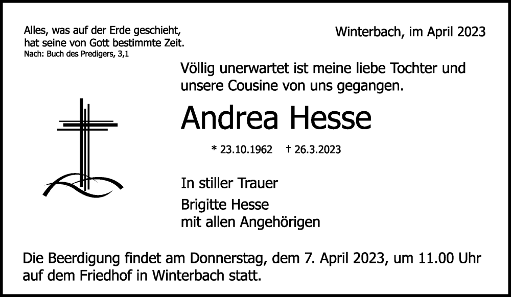  Traueranzeige für Andrea Hesse vom 04.04.2023 aus Waiblinger Kreiszeitung