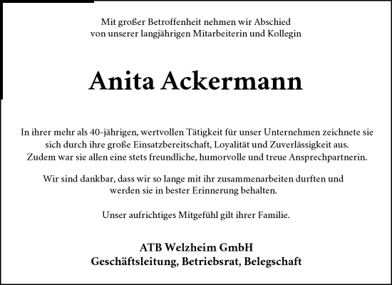 Traueranzeige von Anita Ackermann von Waiblinger Kreiszeitung