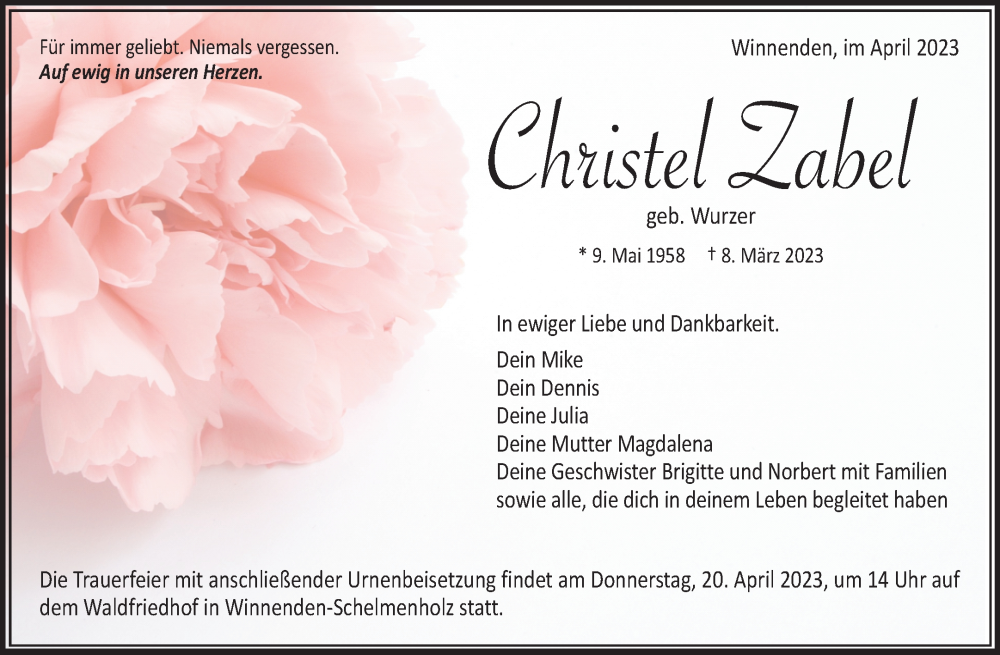  Traueranzeige für Christel Zabel vom 08.04.2023 aus Waiblinger Kreiszeitung