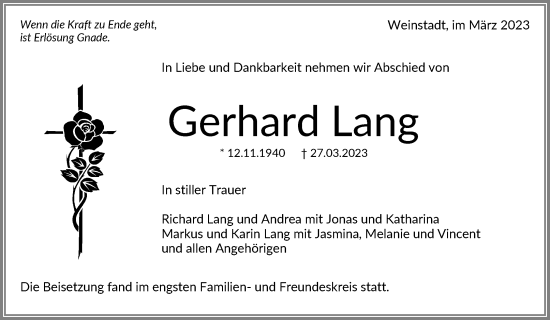 Traueranzeige von Gerhard Lang von Waiblinger Kreiszeitung