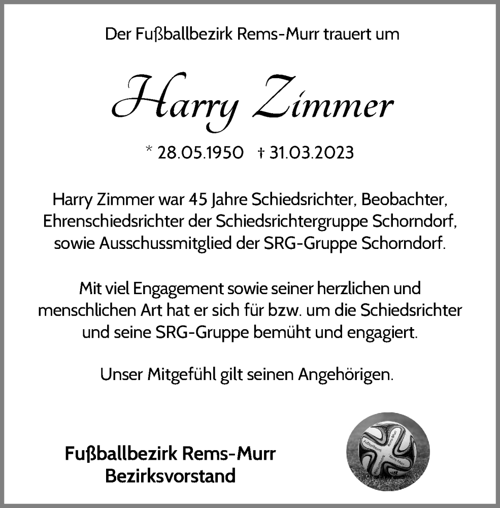  Traueranzeige für Harry Zimmer vom 12.04.2023 aus Waiblinger Kreiszeitung