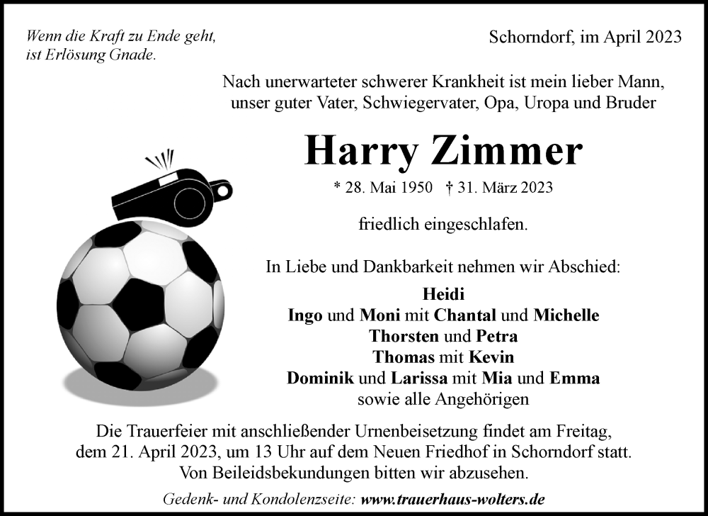  Traueranzeige für Harry Zimmer vom 08.04.2023 aus Waiblinger Kreiszeitung