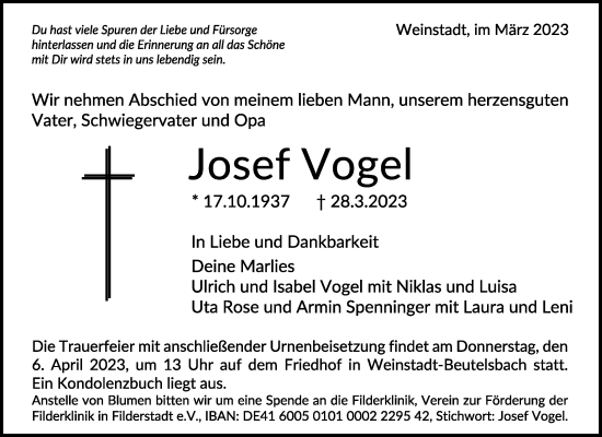 Traueranzeige von Josef Vogel von Waiblinger Kreiszeitung
