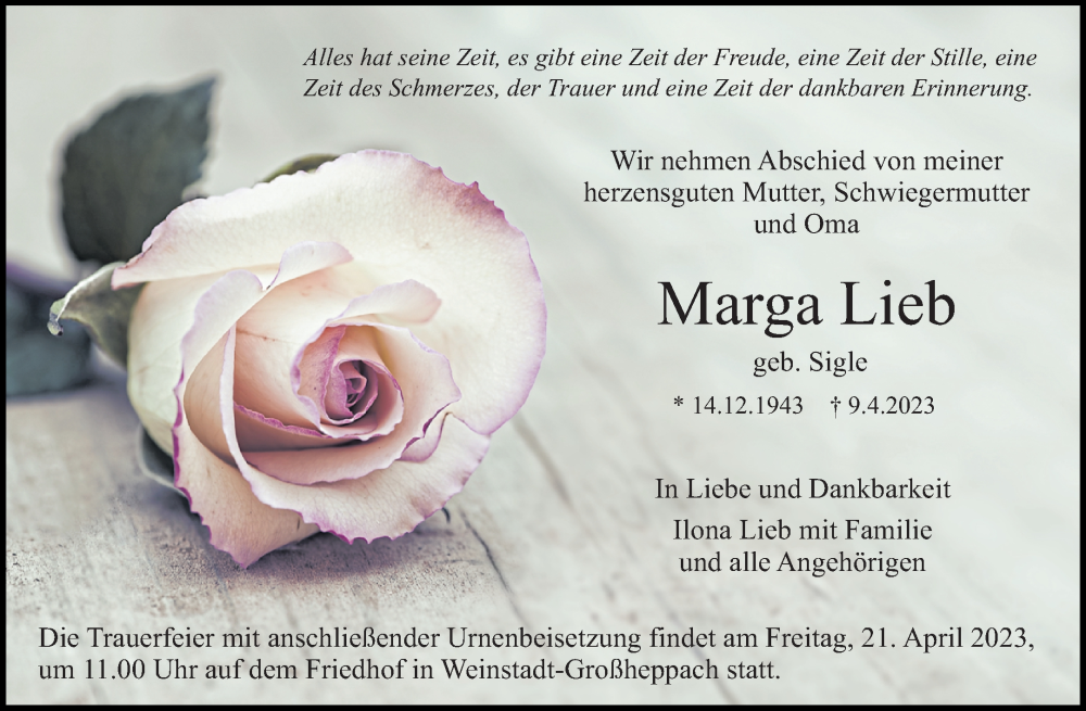  Traueranzeige für Marga Lieb vom 17.04.2023 aus Waiblinger Kreiszeitung