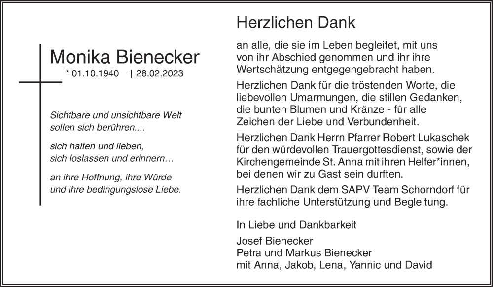  Traueranzeige für Monika Bienecker vom 13.04.2023 aus Waiblinger Kreiszeitung
