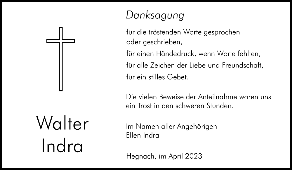  Traueranzeige für Walter Indra vom 15.04.2023 aus Waiblinger Kreiszeitung