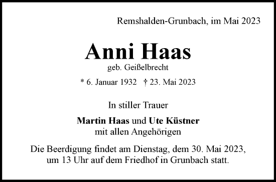 Traueranzeige von Anni Haas von Waiblinger Kreiszeitung