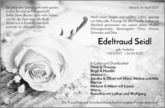 Traueranzeige von Edeltraud Seidl von Waiblinger Kreiszeitung