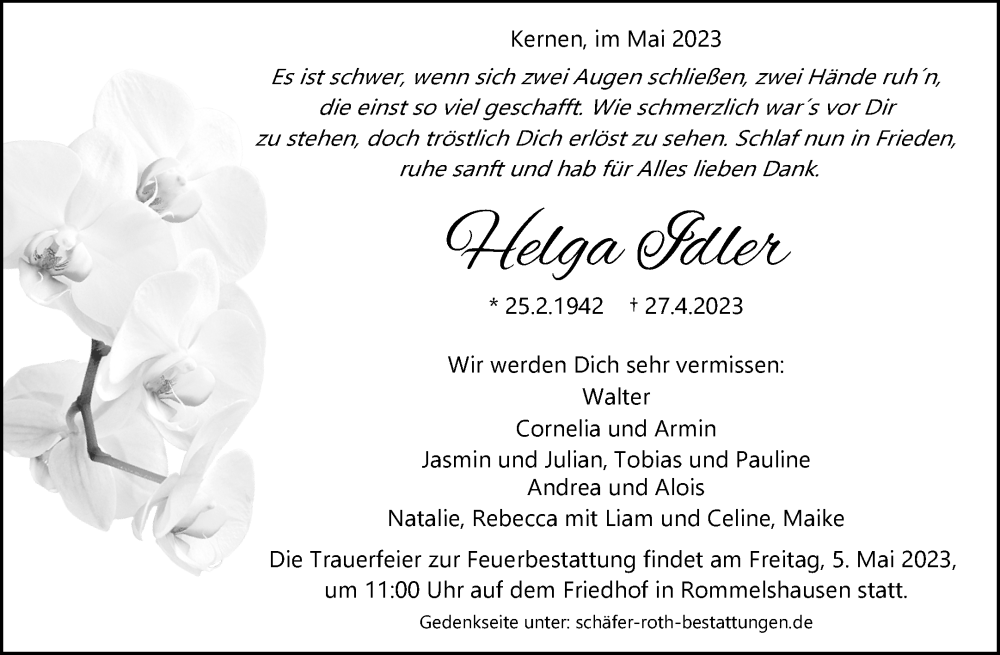  Traueranzeige für Helga Idler vom 02.05.2023 aus Waiblinger Kreiszeitung