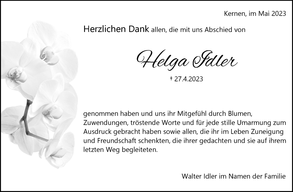  Traueranzeige für Helga Idler vom 23.05.2023 aus Waiblinger Kreiszeitung