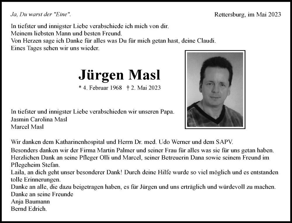  Traueranzeige für Jürgen Masl vom 24.05.2023 aus Waiblinger Kreiszeitung