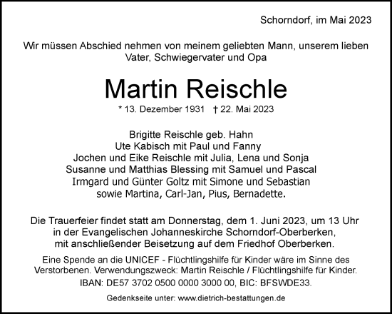 Traueranzeige von Martin Reischle von Waiblinger Kreiszeitung