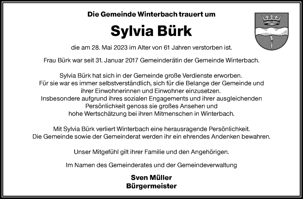  Traueranzeige für Sylvia Bürk vom 31.05.2023 aus Waiblinger Kreiszeitung