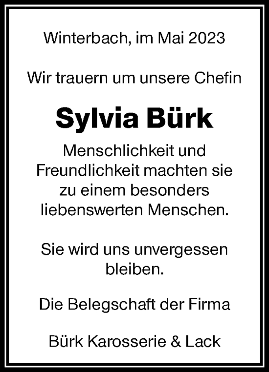 Traueranzeige von Sylvia Bürk von Waiblinger Kreiszeitung