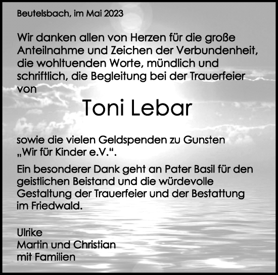 Traueranzeige von Toni Lebar von Waiblinger Kreiszeitung