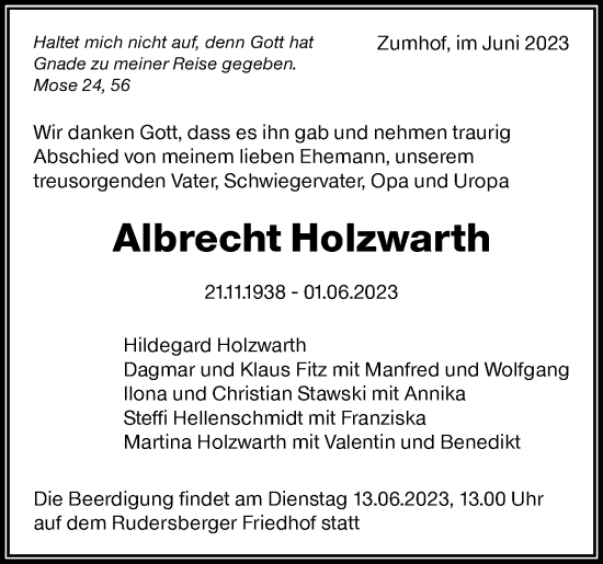 Traueranzeige von Albrecht Holzwarth von Waiblinger Kreiszeitung