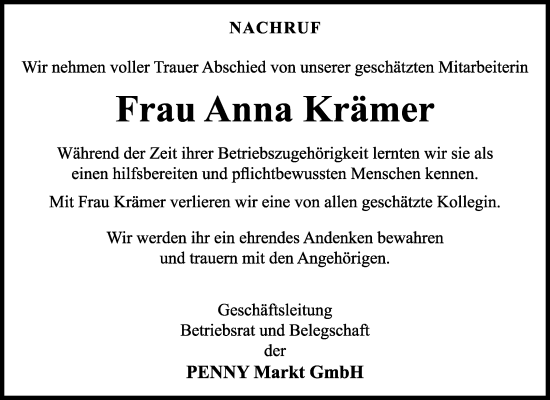 Traueranzeige von Anna Krämer von Waiblinger Kreiszeitung
