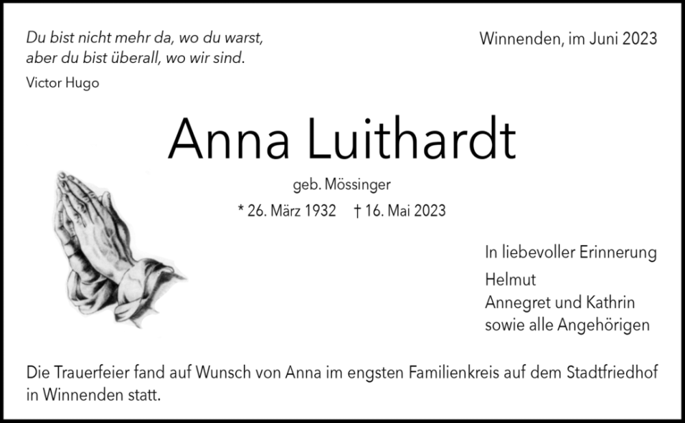  Traueranzeige für Anna Luithardt vom 10.06.2023 aus Waiblinger Kreiszeitung
