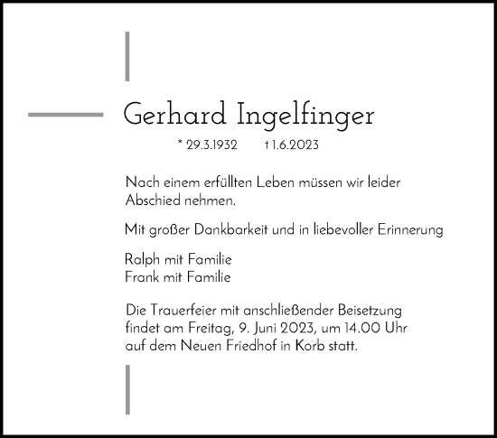 Traueranzeige von Gerhard Ingelfinger von Waiblinger Kreiszeitung
