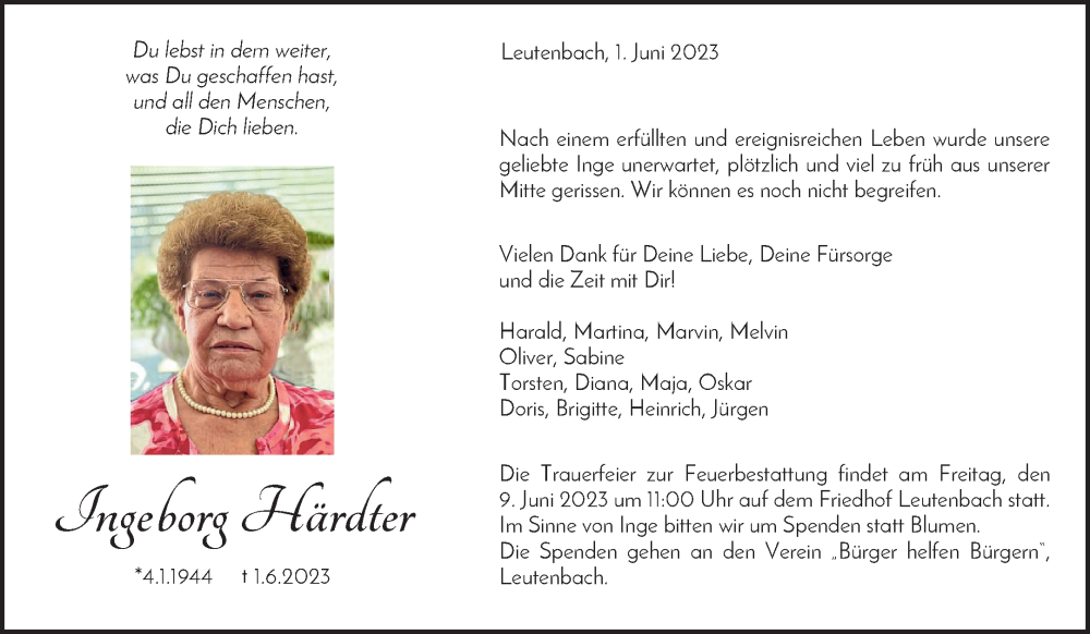  Traueranzeige für Ingeborg Härdter vom 06.06.2023 aus Waiblinger Kreiszeitung