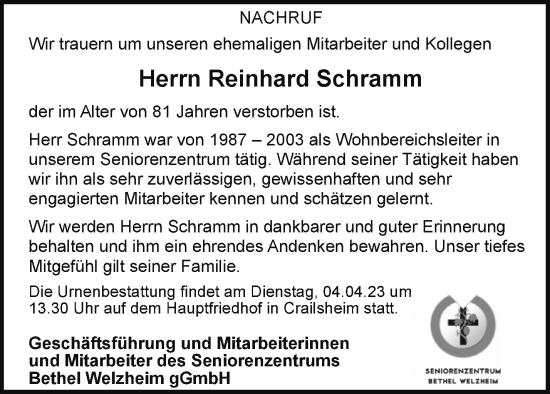 Traueranzeige von Reinhard Schramm von Waiblinger Kreiszeitung