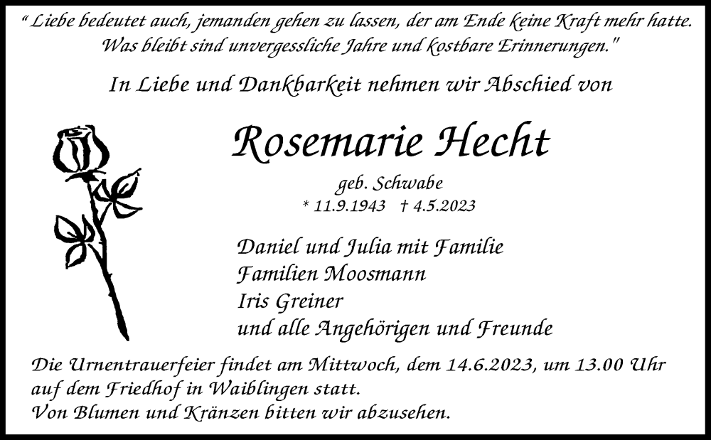  Traueranzeige für Rosemarie Hecht vom 09.06.2023 aus Waiblinger Kreiszeitung