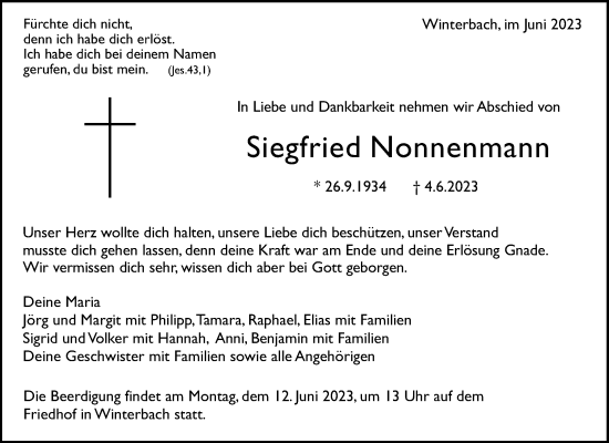 Traueranzeige von Siegfried Nonnenmann von Waiblinger Kreiszeitung