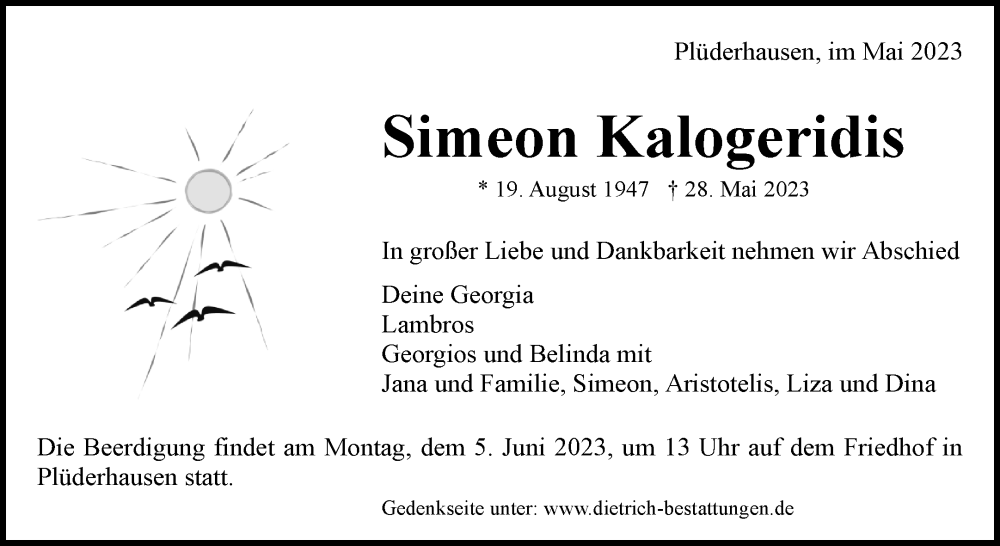  Traueranzeige für Simeon Kalogeridis vom 01.06.2023 aus Waiblinger Kreiszeitung