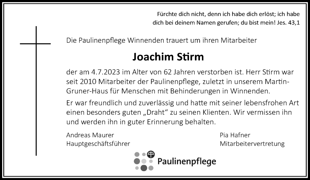  Traueranzeige für Joachim Stirm vom 13.07.2023 aus Waiblinger Kreiszeitung