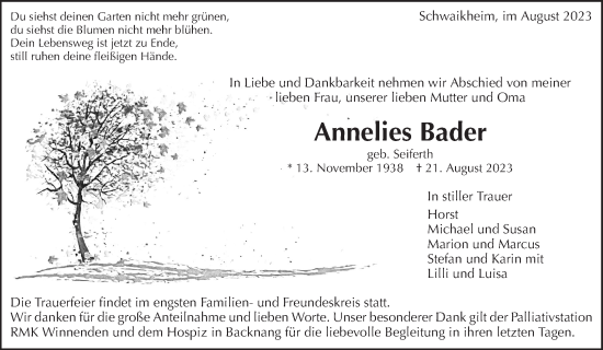 Traueranzeige von Annelies Bader von Waiblinger Kreiszeitung